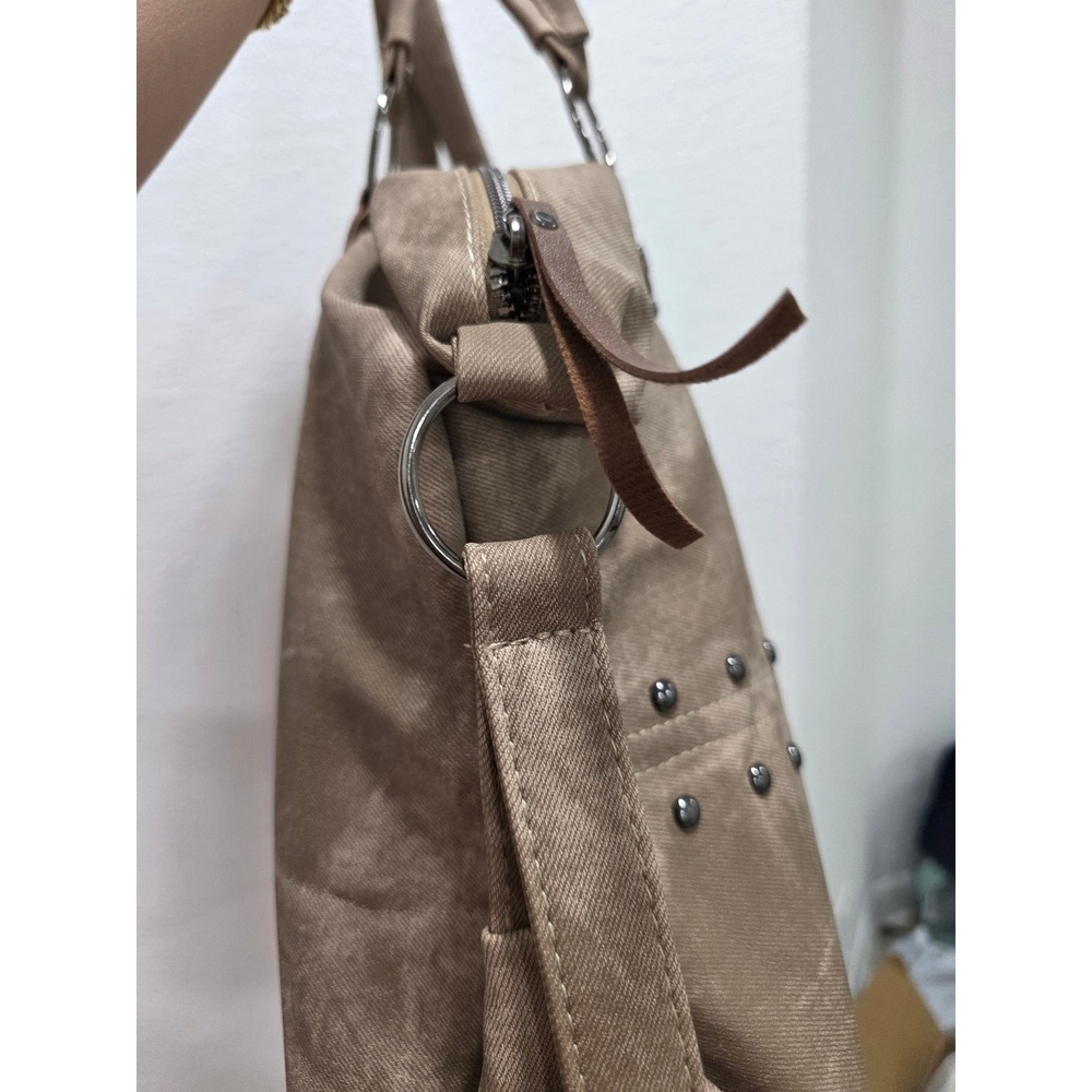 Tan Distressed Canvas Studded Shoulder Bag Western Boho Tote Khakir - Picture 4 of 8
